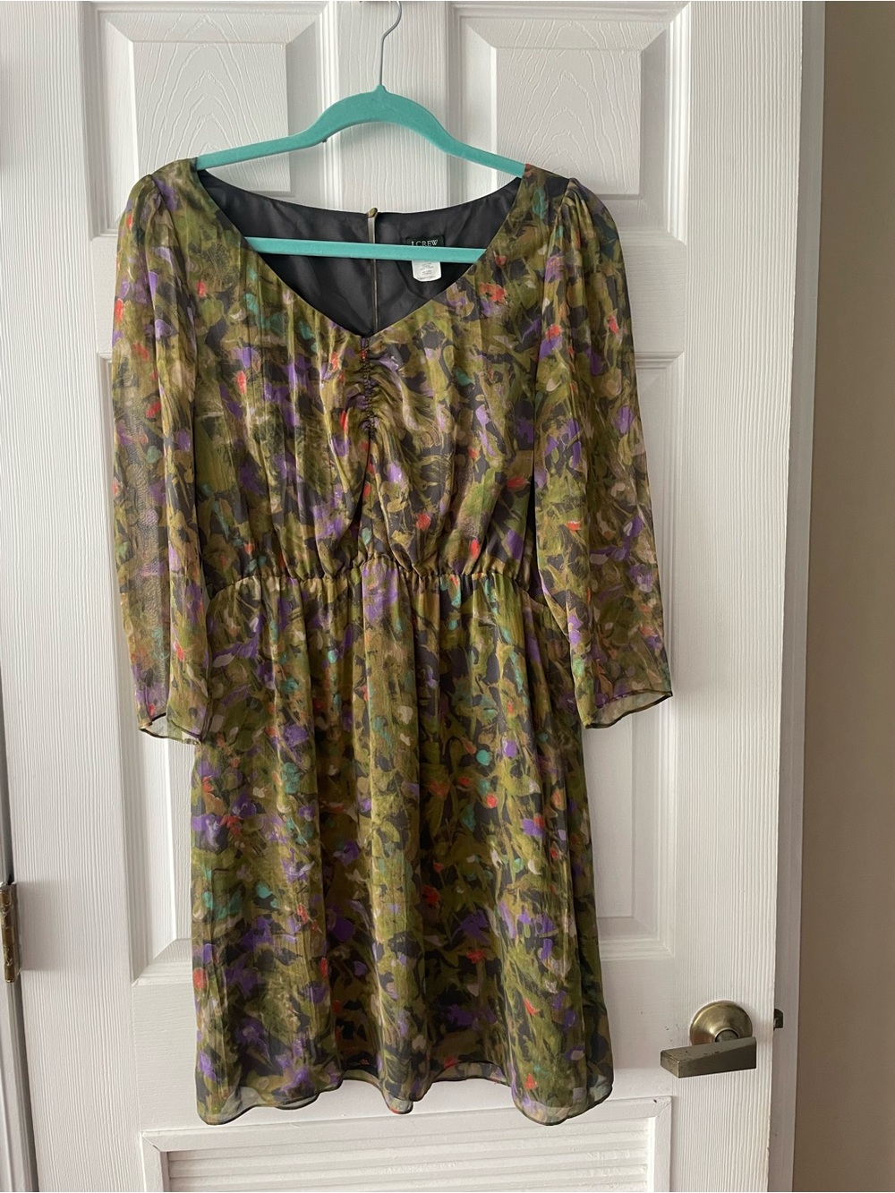 J. Crew Olive Floral Mini Dress with Purple Accents